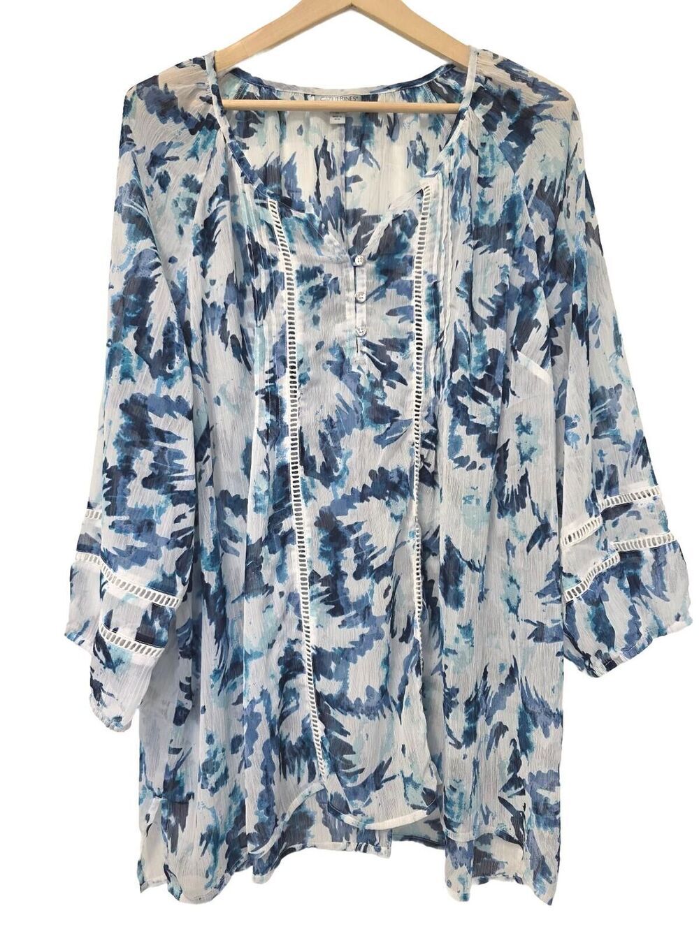Catherines plus Womens blouse sheer floral crochet blue white size 3X wedding